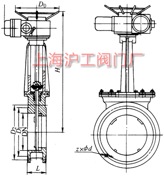 PZ973H、PZ973F、PZ973Y 型電動刀型閘閥(刀閘閥)外形及結構尺寸示意圖
