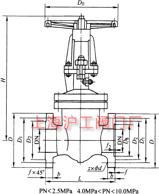 DKZ41H、DKZ41Y 型 PN10~PN100 鋼制真空閘閥主要外形及結(jié)構(gòu)尺寸示意圖