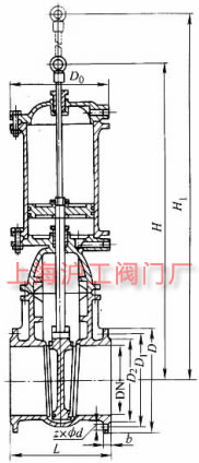 Z641T-10 型氣動(dòng)楔式閘閥主要外形及結(jié)構(gòu)尺寸示意圖